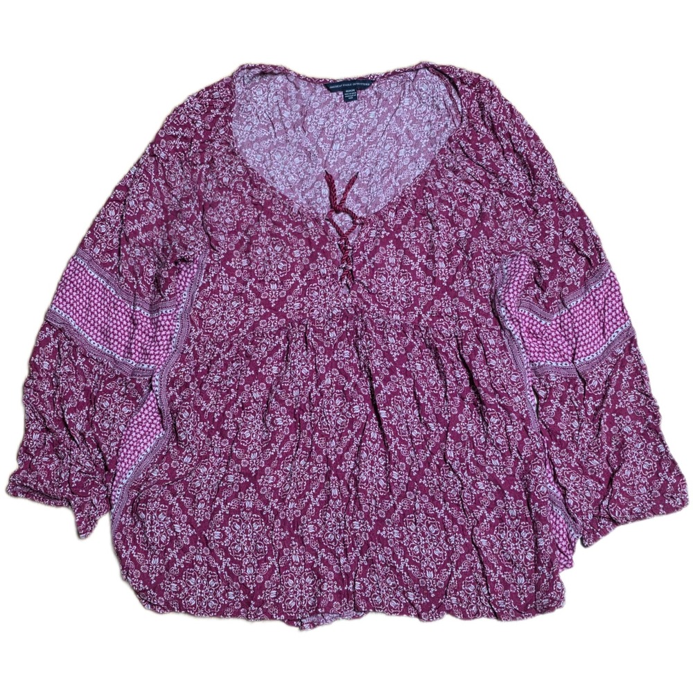 American Eagle Outfitters Floral Peasant Blouse Women's Size M Burgundy Lace Up